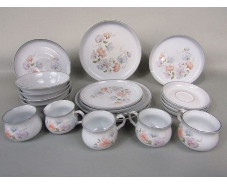 A collection of Denby Encore pattern wares comprising three dinner plates, four dessert bowls, milk jug, sugar bowl, three cu