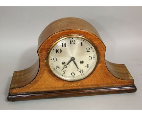 Early 20th century mahogany and box wood inlaid twin train Napoleon hat like mantel clock, with silvered dial, 43cm wide, key
