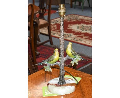 A Cold Painted Bronze Lamp Base, naturalistic modelled as two budgerigar, perched on a branch, 40cm highSome loss to the pain