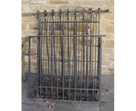 Two Wrought Iron Gates, 87cm by 122cm and 106cm by 113cm, together a wrought iron railing section, 113cm by 124cm