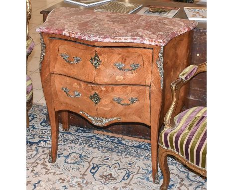 A French Marble Topped Inlaid Walnut Commode, of bombe with gilt metal mounts, 83cm by 44cm by 82cm