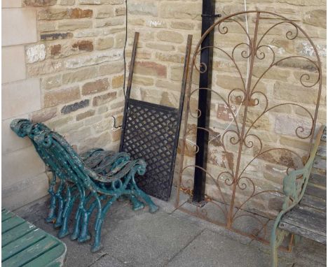 A Set of Six Naturalistically Cast Iron Bench Ends, each 75cm by 79cm, together with a wrought metal gate and a metal fence s
