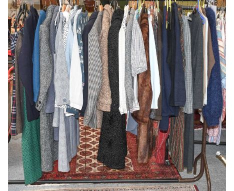 Assorted Modern Ladies and Gents Costume, knitwear, tweed skirts, wool coats, suits, astracan coat, musquash coat, labels inc