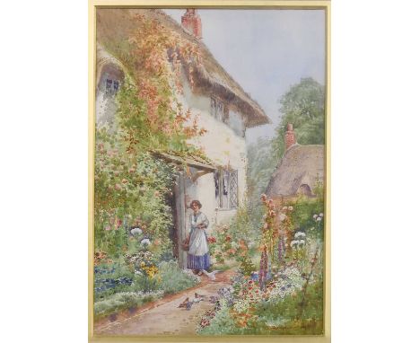 Arthur Stanley Wilkinson (c.1860-1930)Thatched cottage with a woman feeding the birdsSigned, watercolour; together with anoth