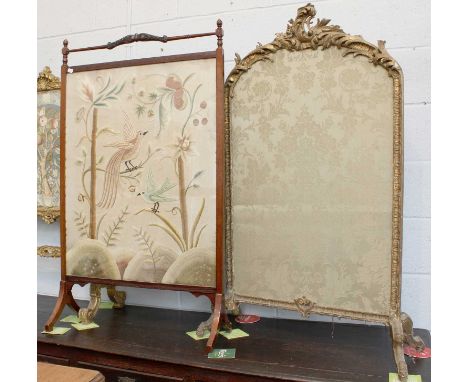 An 18th Century Gilt Framed Silk Firescreen, 80cm by 125cm, and An Edwardian Mahogany and Needlework Firescreen (2)