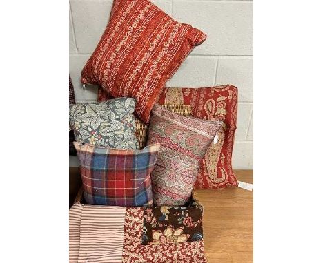Victoria Pike Design 'Recycled with Care' Homewares comprising a large paisley linen floor cushion, together with two blue li