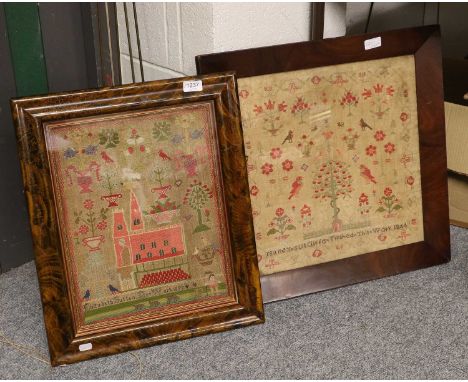 Adam and Eve Sampler Worked by Nancy Sutcliffe, dated 1844, in a mahogany frame and another with a central church by Elizabet