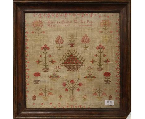Decorative Sampler Worked by Rachel De La Rue, Aged 11 Years, 1825 worked in coloured wool threads depicting a central bowl o