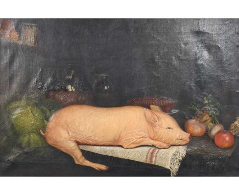 A*R* Austin (19th century) Still life of a suckling pigInitialled and dated 1880, inscribed verso, oil on canvas, 61cm by 91c
