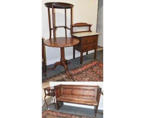 A Pitch Pine Pew, 126cm by 45cm by 82cm, together with a George III mahogany tilt top tri-pod table, an Edwardian book stand,