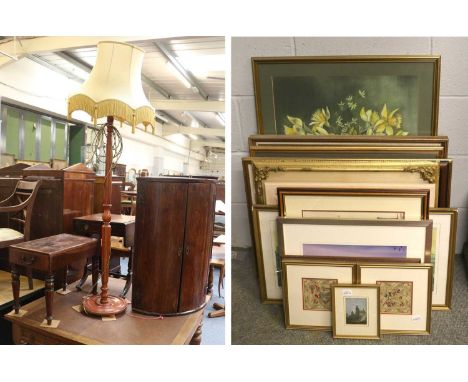 A Small Group of Furniture Comprising: a George bow fronted hanging corner cupboard, a Regency inlaid elbow chair, another in