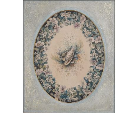 A 20th Century Watercolour, with shells surrounded by a floral wreath, in a decorative frameProvenance: Stephanie Hopper