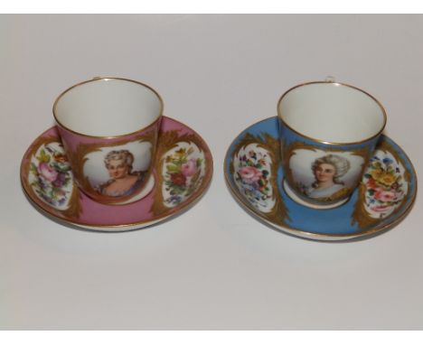A pair of 18thC Sevres style teacups and saucers, one decorated with a coloured portrait of 'Mme. Elisabeth' on bleu celeste 