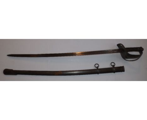 A late 19thC continental sword with curved blade, 35” , gilt wire grip, in metal scabbard