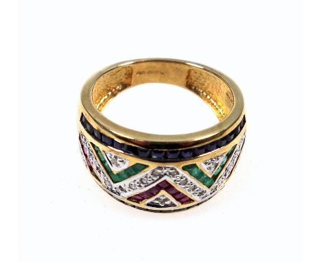 9ct gold dress ring set diamonds, emeralds and sapphires, Birmingham 2003, gross 5.3grs 