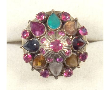 Yellow metal ring set rubies, emeralds, garnets and other stones, gross 7.4grs 