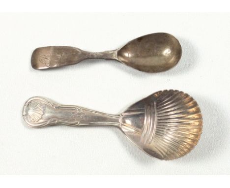 George III Fiddle pattern tea caddy spoon, by RR, London 1817 and a George IV Irish caddy spoon with a scallop bowl and handl
