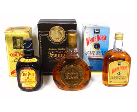 1 bottle Old Parr De Luxe Scotch Whisky, 1 bottle Johnnie Walker Swing Scotch Whisky, 1 bottle White Horse America?s Cup Scot