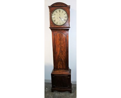 19th century longcase clock with a painted circular dial, Roman numerals, seconds and date dials, enclosing an 8 day striking
