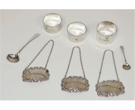 George IV silver Old English pattern salt spoon by WT, London 1823, salt spoon, Sheffield 1924, pair of heavy napkin rings, i