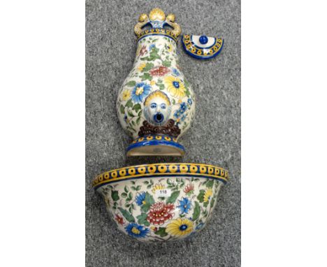 20th century Portugese pottery wall mounted water cistern with bowl, a pair of 20th century Davenport meat plates,( one with 