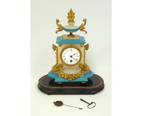 A Sevres style alabaster and gilt metal mounted mantle clock, the enamel dial with single wind hole inscribed TRIGGS, Guildfo