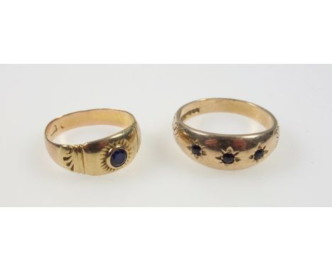 9ct gold gipsy ring set 3 sapphires, Birmingham 1978 and a gold ring set sapphire, gross 6.6grs (2) 