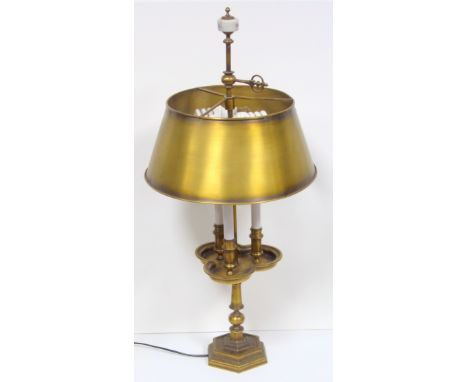 French style bronzed metal twin light table lamp with 3 simulated candles and shade, H 76cm 