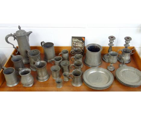 A selection of 19 century pewter to include plates, tankards, four half pint/half gill beakers by Gaskell and Chambers, candl