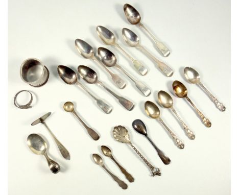 Four George IV silver Fiddle pattern teaspoons initialled ?W?, 3 George III teaspoons, salt spoon, Victorian Irish mustard sp