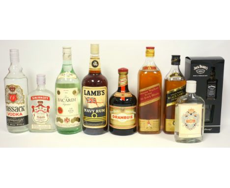 Assorted spirits to include 1 bottle Johnnie Walker 12 year old Black label scotch Whisky, 1 litre bottle Johnnie Walker Red 