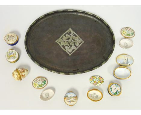 Eastern oval copper tray with inlaid silvered floral decoration and a two-tone rim, W 32.2cm, Crummles enamel circular box, ?