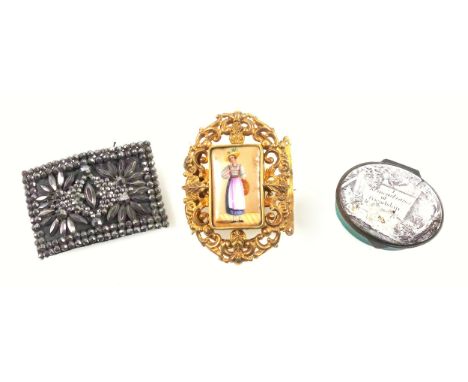 Georgian enamelled oval patch box inscribed ?Remembrance of Friendship?, W 4.2cm, cut steel buckle. W 5.5cm and a Victorian g