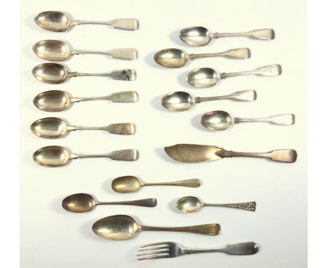 George III Fiddle pattern butter knife, by Eley and Fearn, London 1814, 5 Victorian Fiddle and Thread pattern teaspoons, Lond