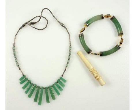 Chinese gilt metal and curved jade link bracelet, white metal and jade pendant necklace, and a carved ivory cheroot holder, L