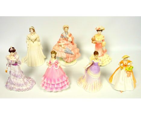 4 Royal Worcester figures, ?1855 The Crinoline?, H 22.5cm. ?Emily?, ?Diana?, ?Rachael?, and 3 Coalport figures, ?Eugenie?, Qu