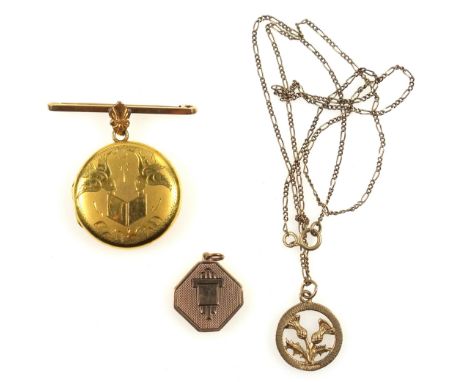9ct gold pierced circular thistle pendant, by GN, Birmingham 1993, on a chain marked 9ct, 9ct Art Deco style octagonal locket
