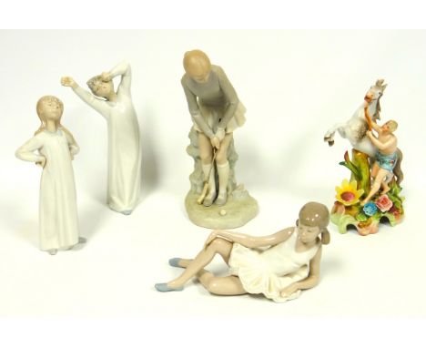 Lladro figure of a girl golfer, H 26.3cm, 3 Nao figures, and a porcelain group of a Marley Horse, H 20cm (5) 