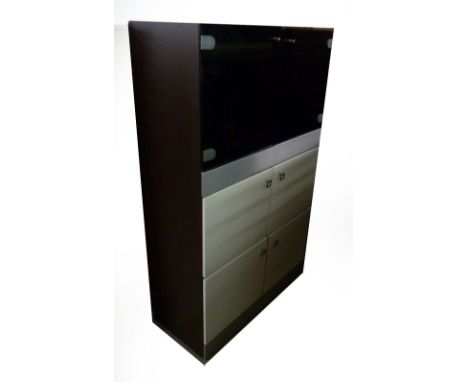 A SIDE UNIT WITH TWO SMOKED GLASS DOORS OVER FOUR PANEL DOORS 