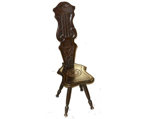 A CARVED OAK SPINNING STOOL