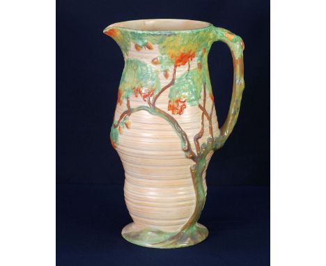 LARGE CARLTON WARE MOULDED POTTERY JUG/VASE, moulded and painted design of a fruiting oak tree with rustic branch pattern han