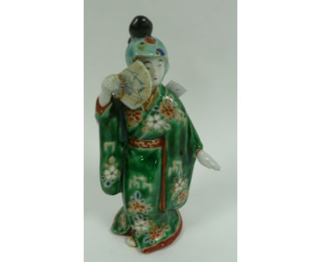 A JAPANESE ARITA PORCELAIN POLYCHROMED FIGURE OF A BIJEN HOLDING A FAN (restored), a PAIR OF MODERN ORIENTAL CERAMIC CYLINDRI