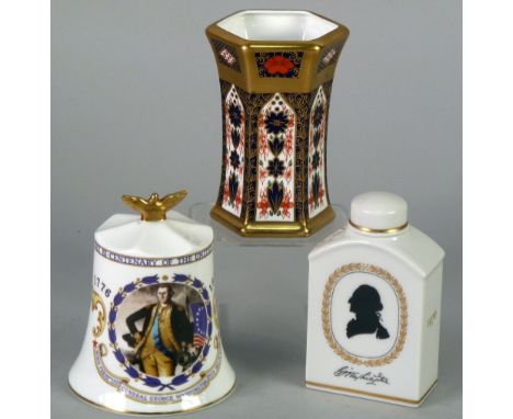 ROYAL CROWN DERBY JAPAN PATTERN No. 1128 HEXAGONAL WAISTED VASE, seconds, 4 1/2" high, AN AYNSLEY CHINA BELL to commemorate G