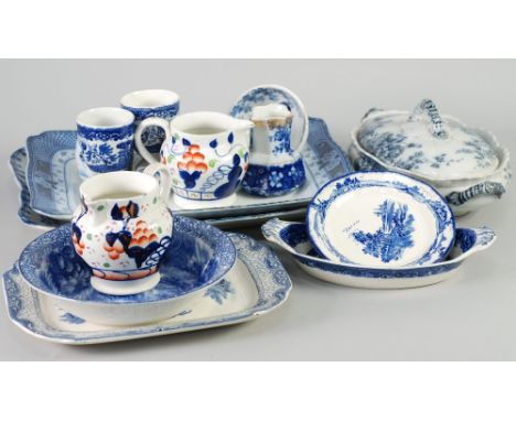 SUNDRY NINETEENTH CENTURY AND LATER BLUE AND WHITE POTTERY MAINLY DINNER WARES, includes large SOUP LADLE, TWO FLORAL PATTERN