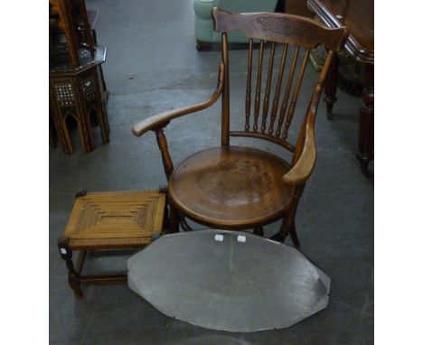 A TWENTIETH CENTURY PROBABLY AMERICAN, BENTWOOD AND STICK BACK OPEN ARMCHAIR, A FRAMELESS WALL MIRROR AND A STRINGWORK STOOL 