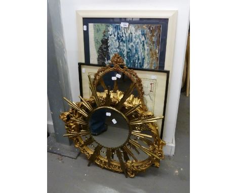 STARBURST CIRCULAR WALL MIRROR, TWO OTHER MIRRORS, A WOOLWORK TAPESTRY AND A MAP IN A FRAMED 