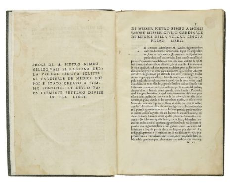 Bembo (Pietro). Prose, nelle quali si ragione della volgar lingua, 1st edition, Venice: Giovanni Tacuino, 1525, 95 leaves (of