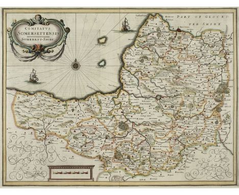 * Somerset. Jansson (Jan), Comitatus Somersettensis, Somerest-Shire, circa 1638, hand coloured engraved map, ornate strapwork