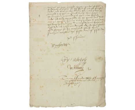 * [Exchequer of Elizabeth I]. Exchequer receipt signed, 5 February 1559, 'ye have receyved thyrtee pounds of John Goodbarne a