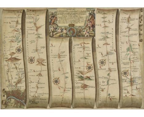 * Ogilby (John). The Road from London to Holy-head co, Anglesey North Wales..., circa 1676, hand coloured engraved strip road
